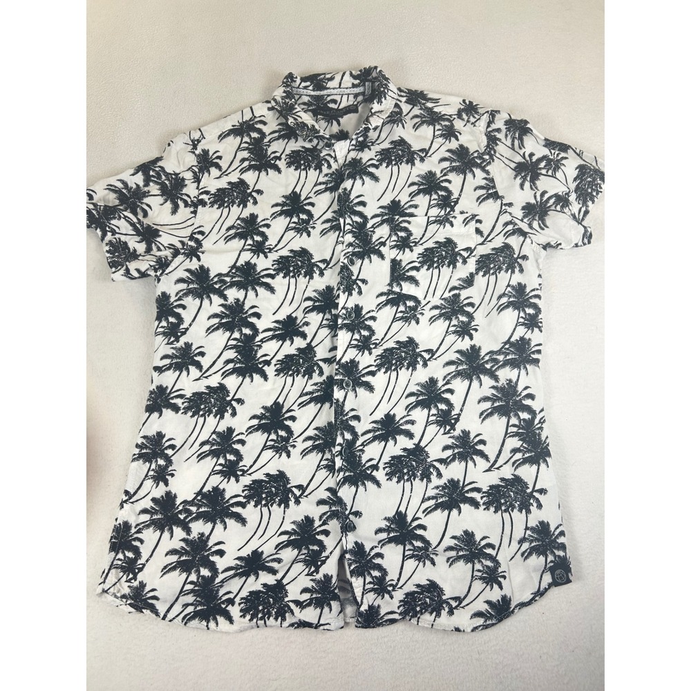 Free Planet Palm Tree Print Button Down Shirt Mens Medium White Tropical Summer